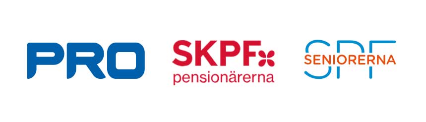 Logotyper för pensionärsföreningarna PRO, SKPF och SPF seniorerna.